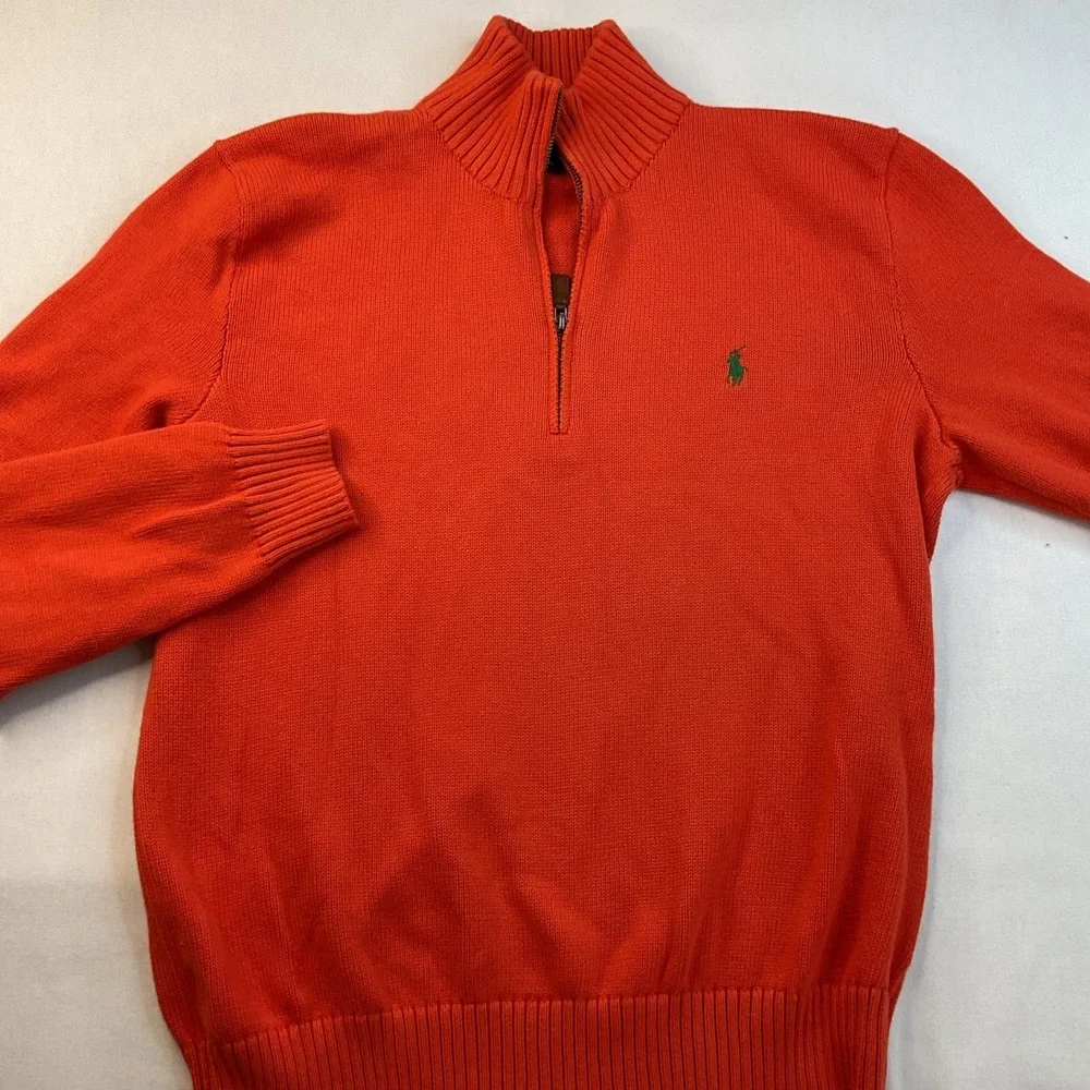 Vintage Polo Ralph Lauren Sweater Men Sz L Knit 1/4 Zip Pullover 90s Orange Pony
